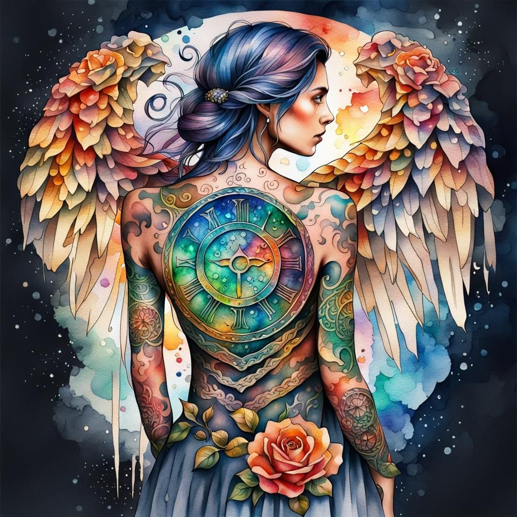 Angel with Virgo zodiac symbol tattoo. ⏰