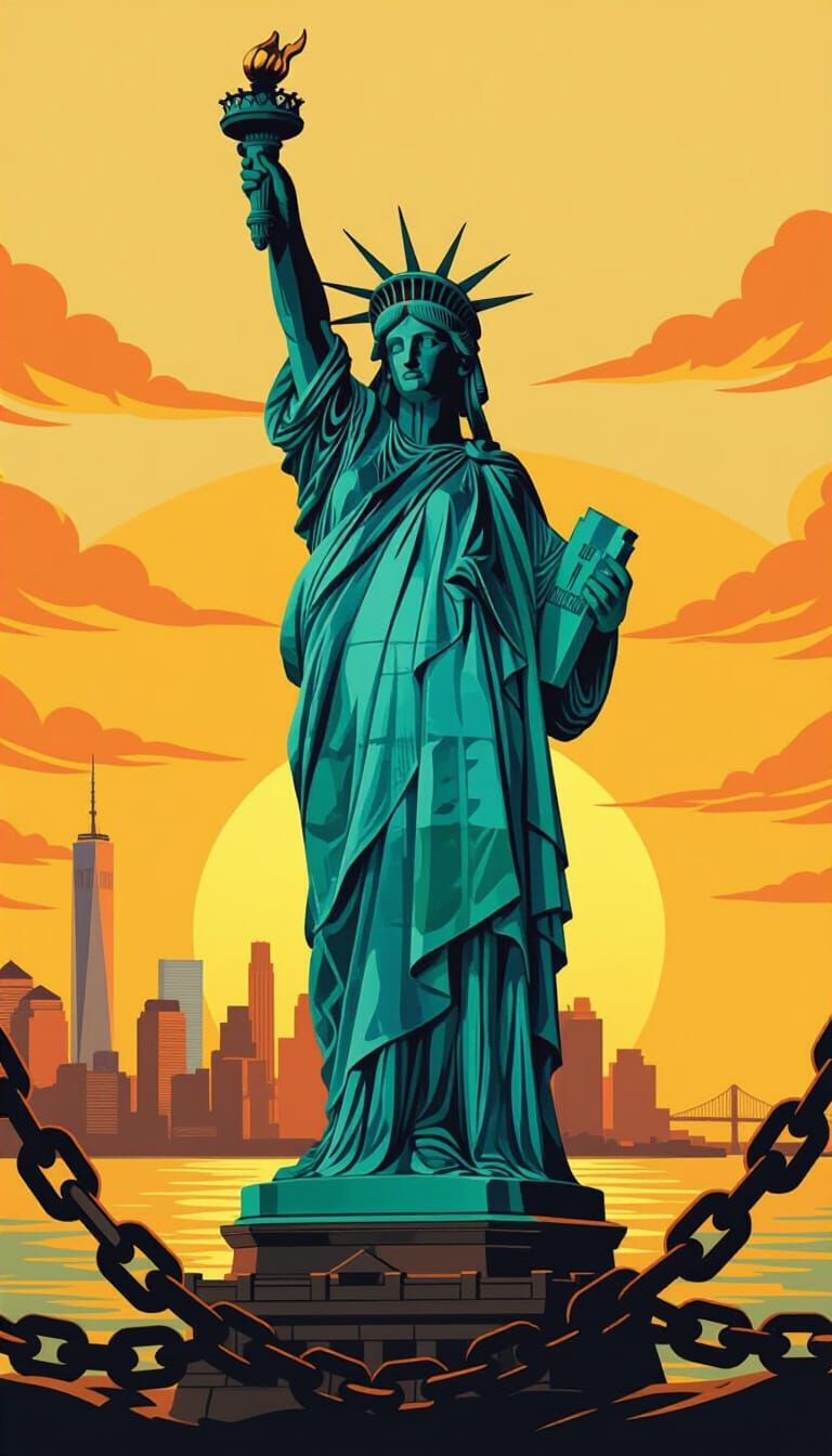 Statue of Liberty Breaks Free in Retrofuturistic Style