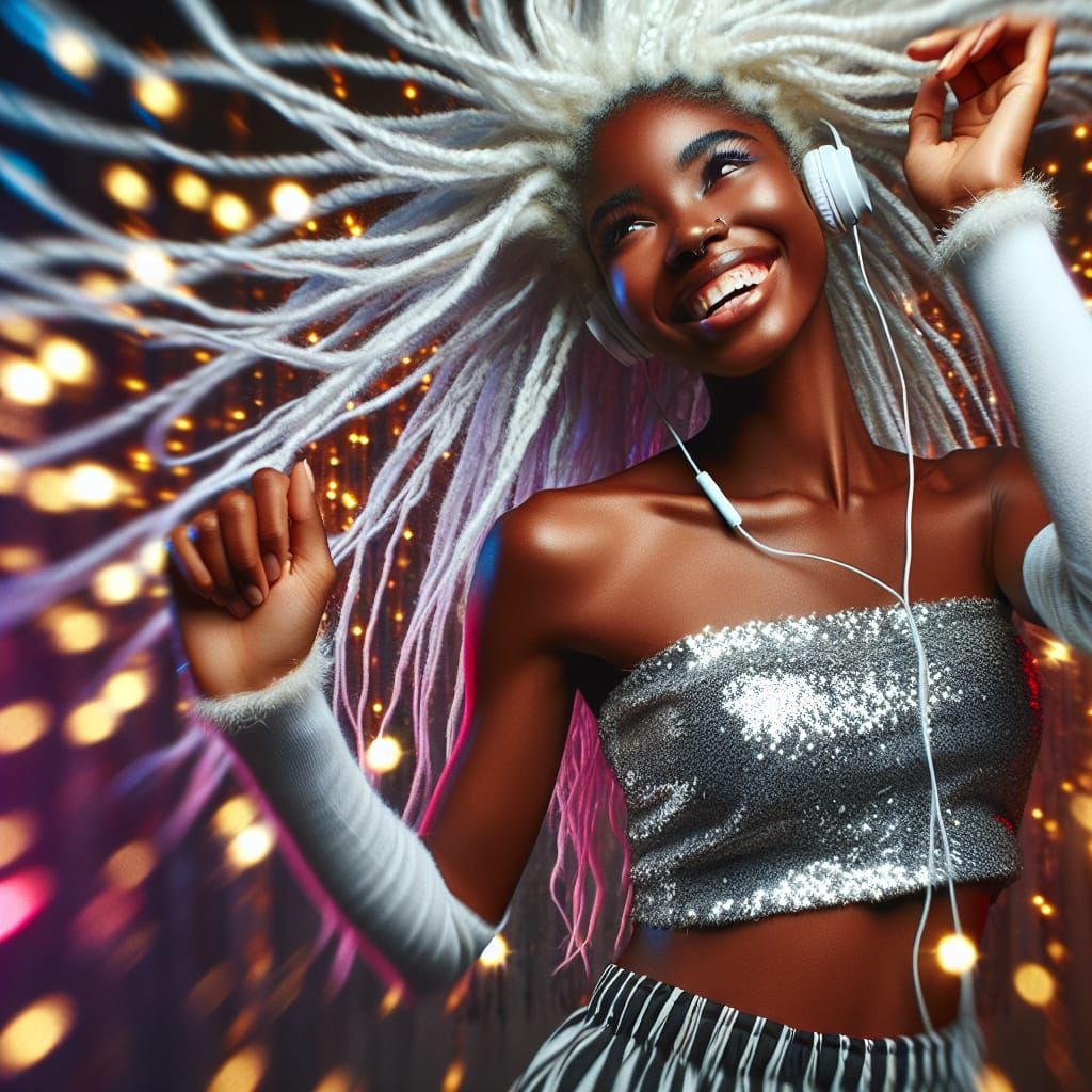 Joyful Black Woman Dancing with Sparkling Lights