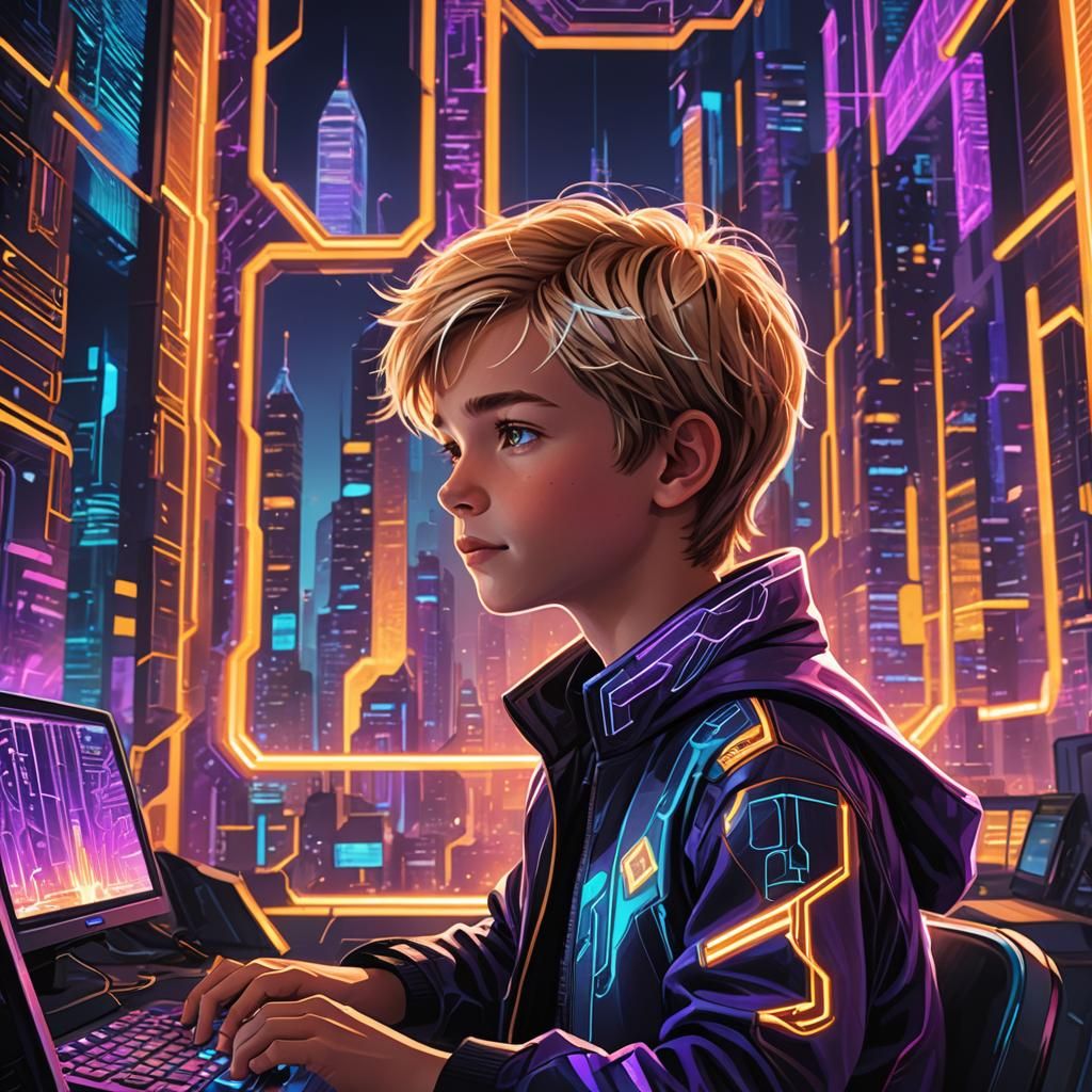 Boy Gazes into Neon Cyberpunk Portal