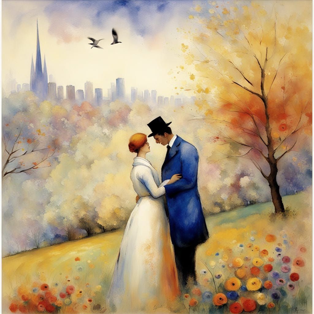 Couple in Park, Watercolor Impressionist Style