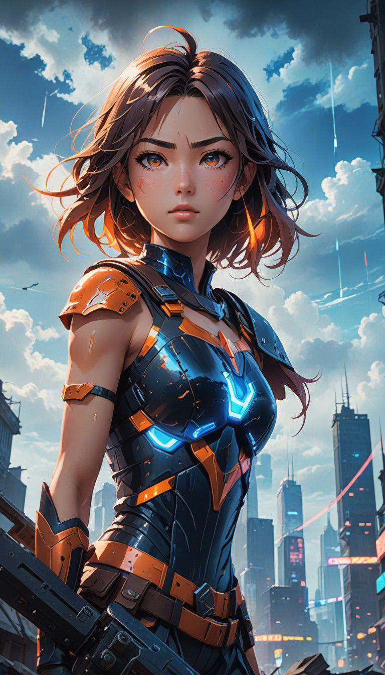 Vibrant Warrior Triumphs in Ruined Cityscape in Cyberpunk An...