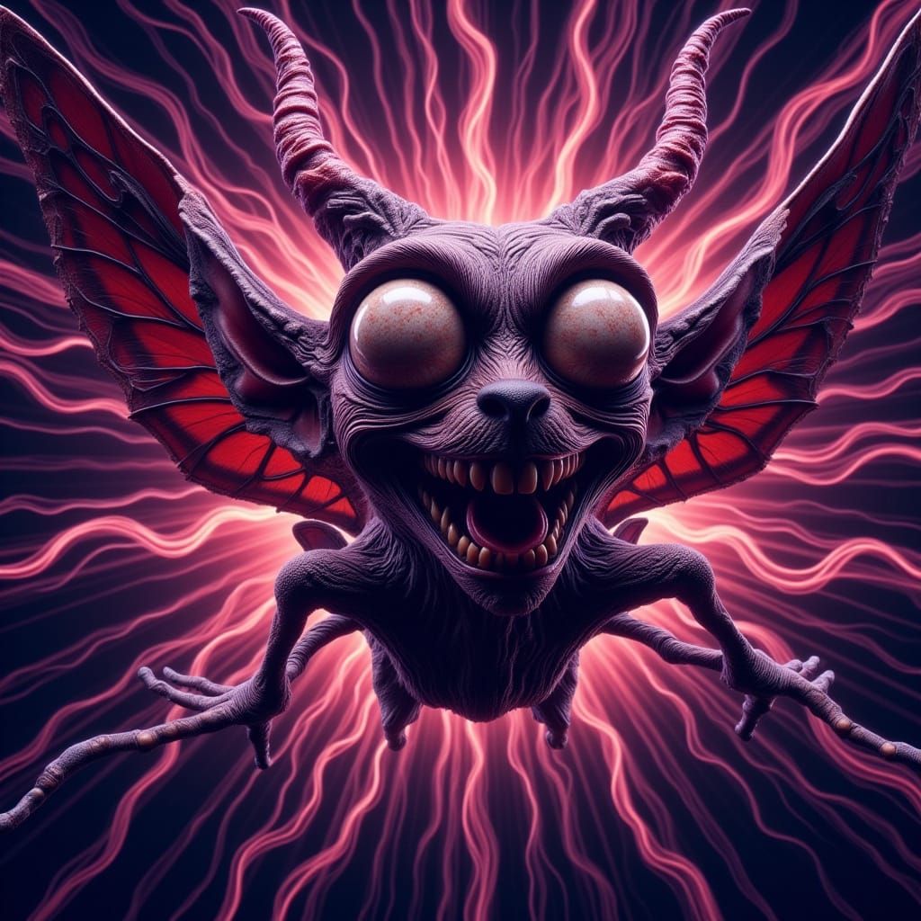 A cartoon of the evil storm creating Chaos butterfly, flapping his wings maliciously and cackling evilly <lora:-Lunatic-...