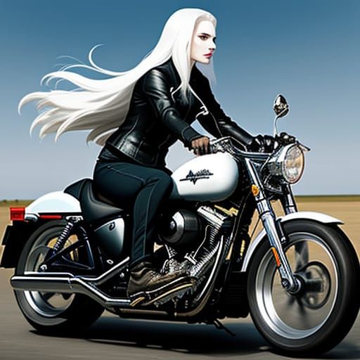 Gothic Realism Female Rider on a Pale Motorcycle