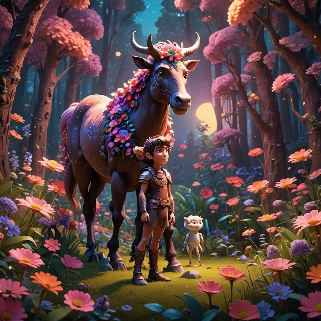 Child Centaur Warrior in Moonlit Forest: Pixar Style