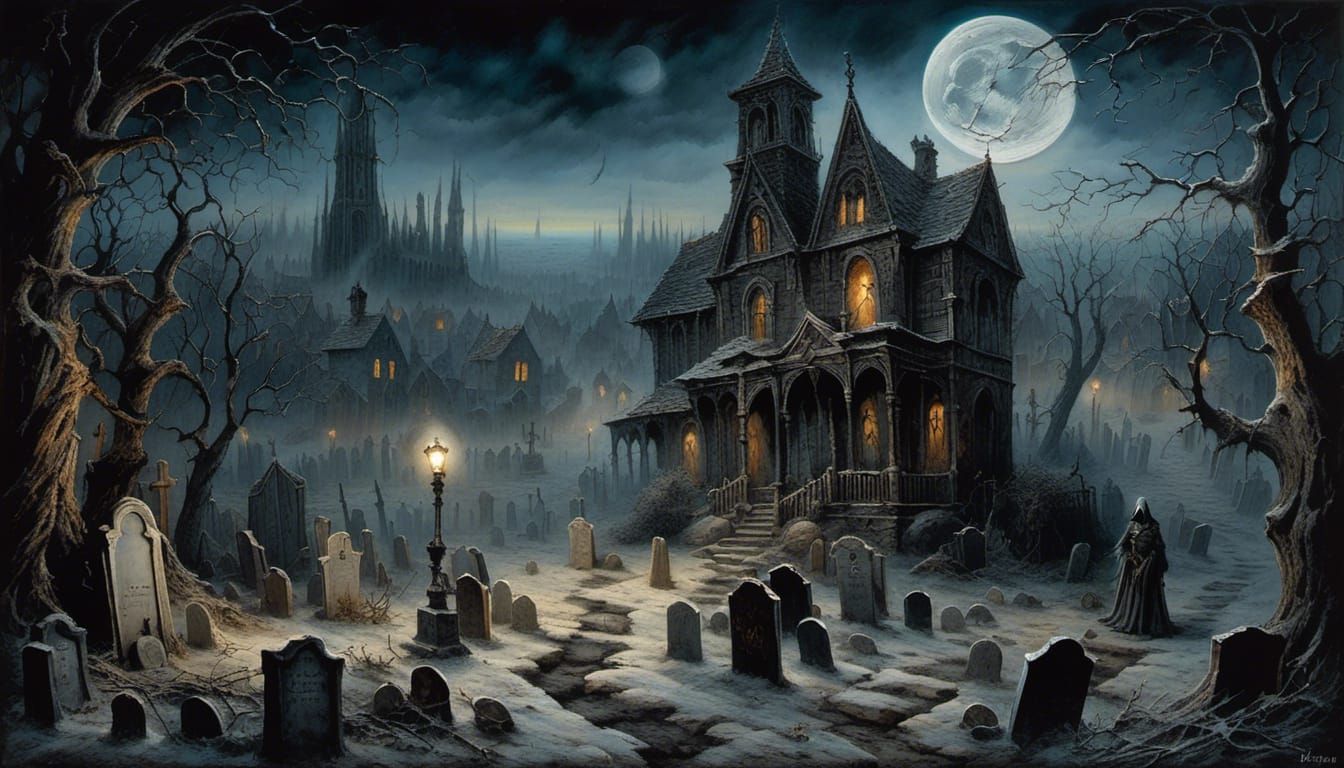 Fantasy Horror Graveyard Painting in Trompe-l'oeil Style