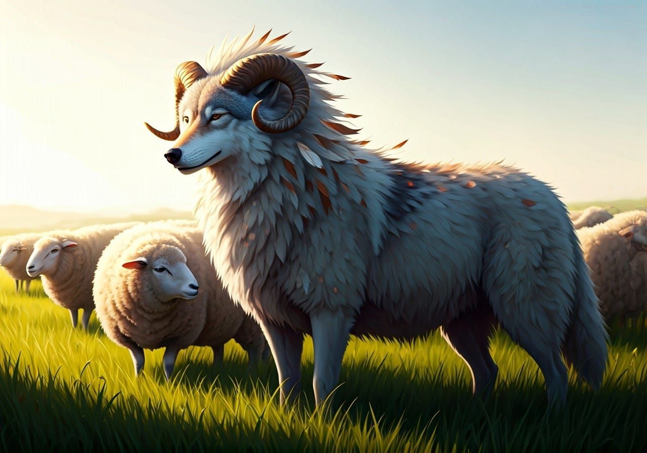 Regal Wolf-Sheep Hybrid Amidst Serene Flock in Vibrant Meado...