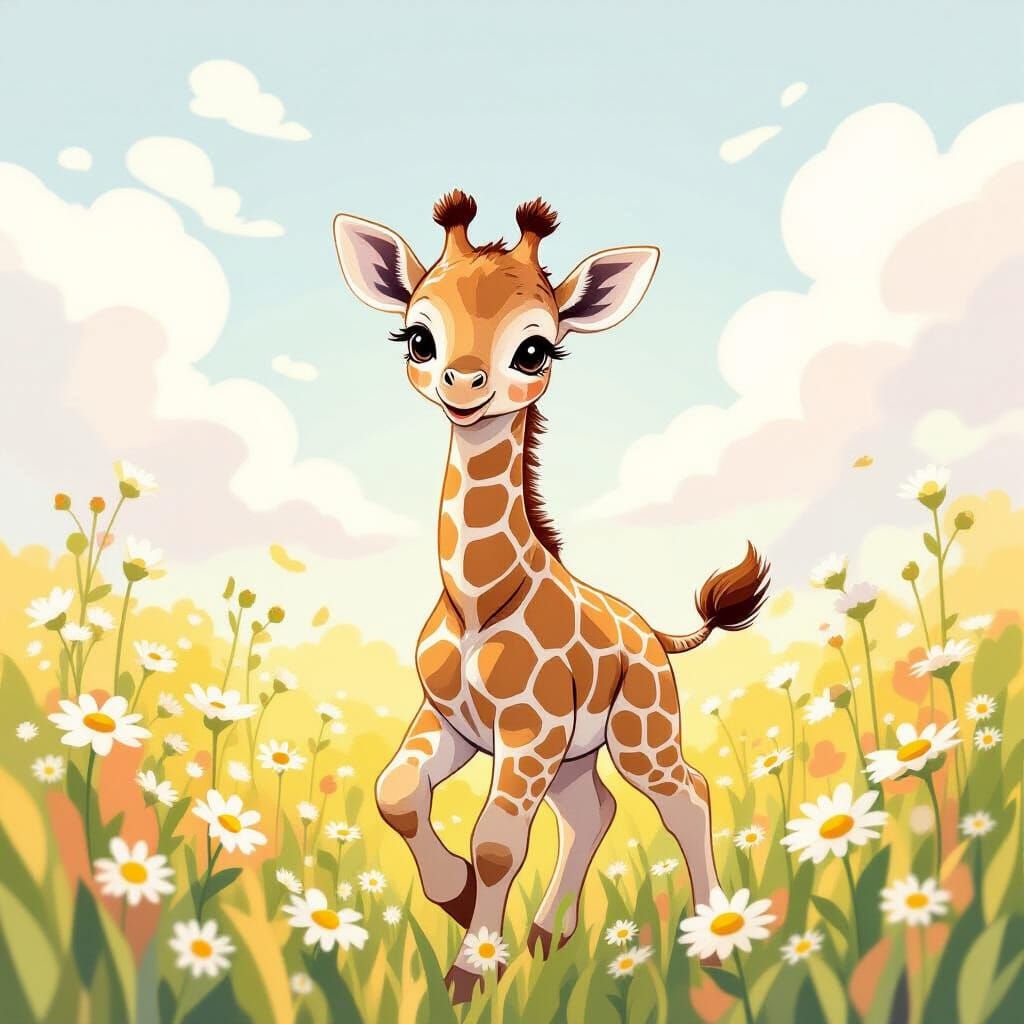 Pastel Giraffe Frolicking in Daisy Field: Watercolor Art