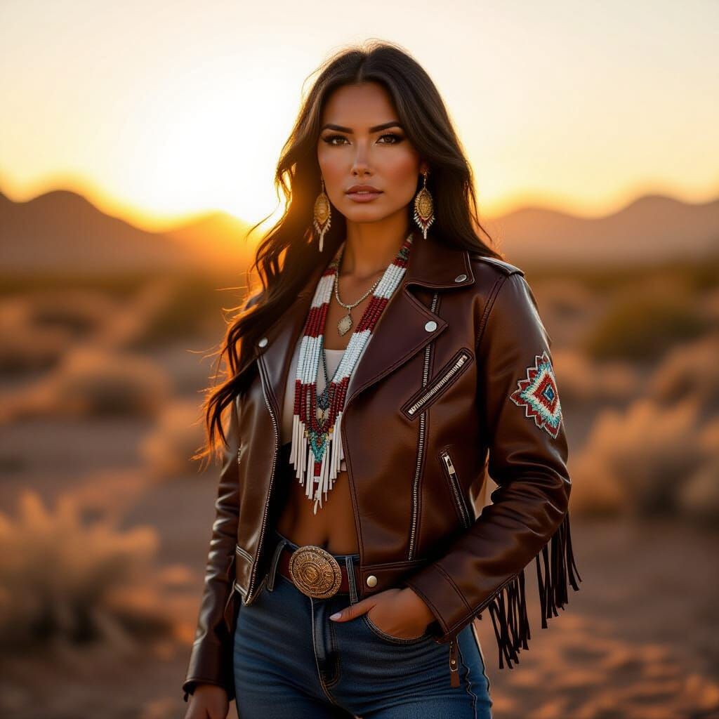 Apache Woman in Leather Jacket at Golden Hour Desert