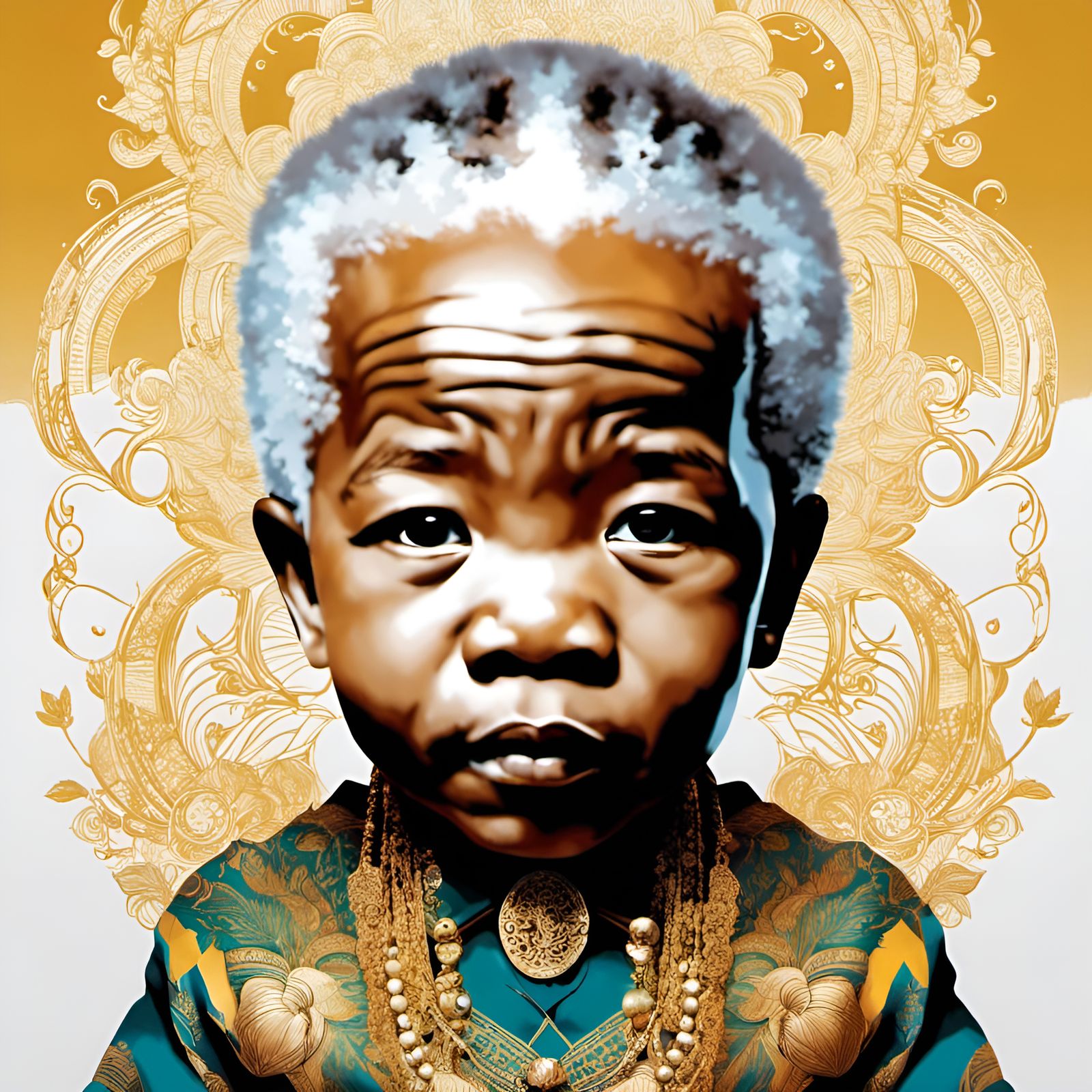 Chibi Baby Nelson Mandela Portrait, Mixed Media Style