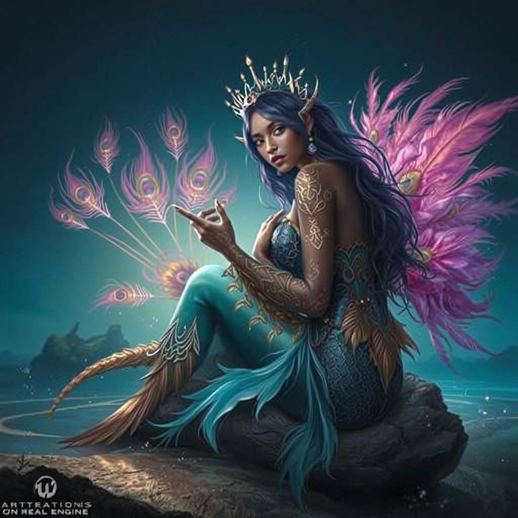 Exquisite Mermaid with Pink Peacock Feather Tail