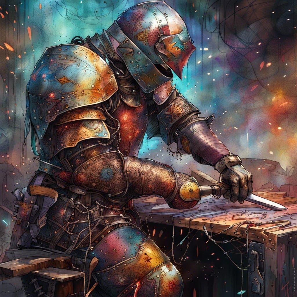 Cosmic Blacksmith Forging Knight Armor