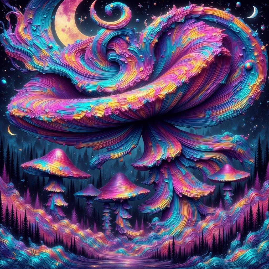 Mushroom Tornado with Holographic Moon as Impasto Painting