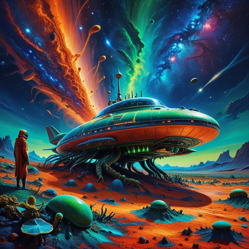 Surreal Alien Spaceship Repair: Fauvist Oil Painting