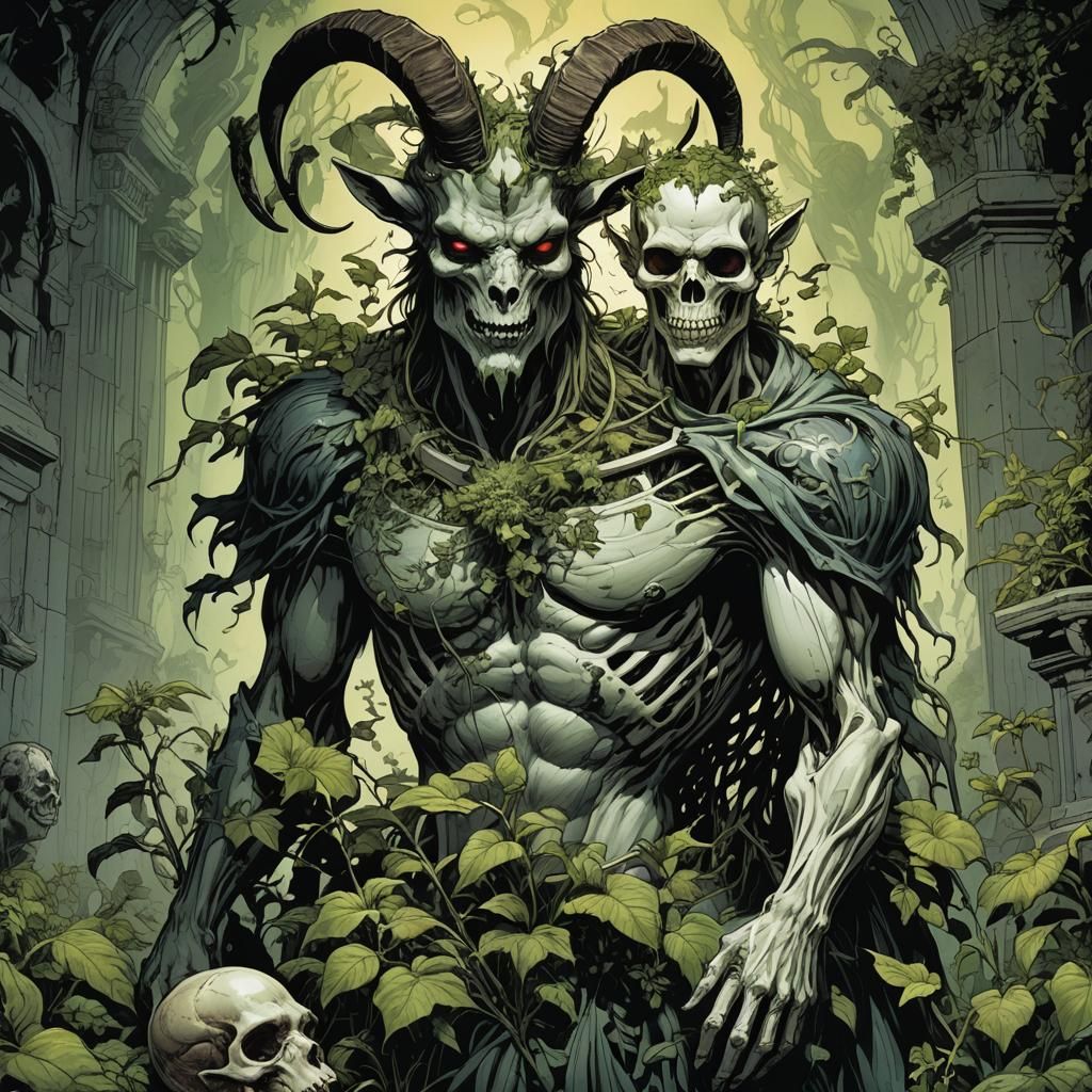 Human-Plant Demon with Goat Skull: Comic Book Art