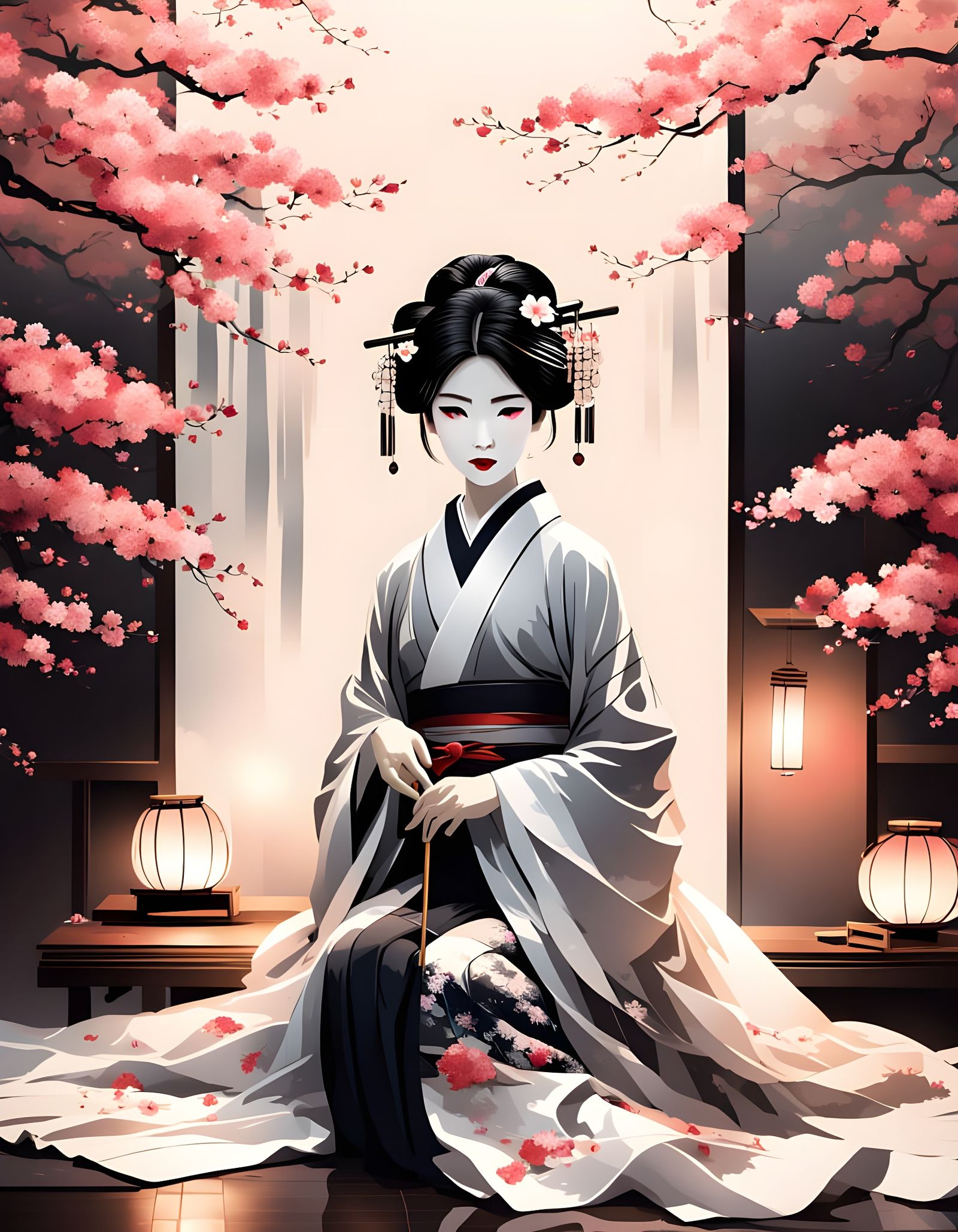 Elegant Geisha Portrait in Ink Splash Art Style