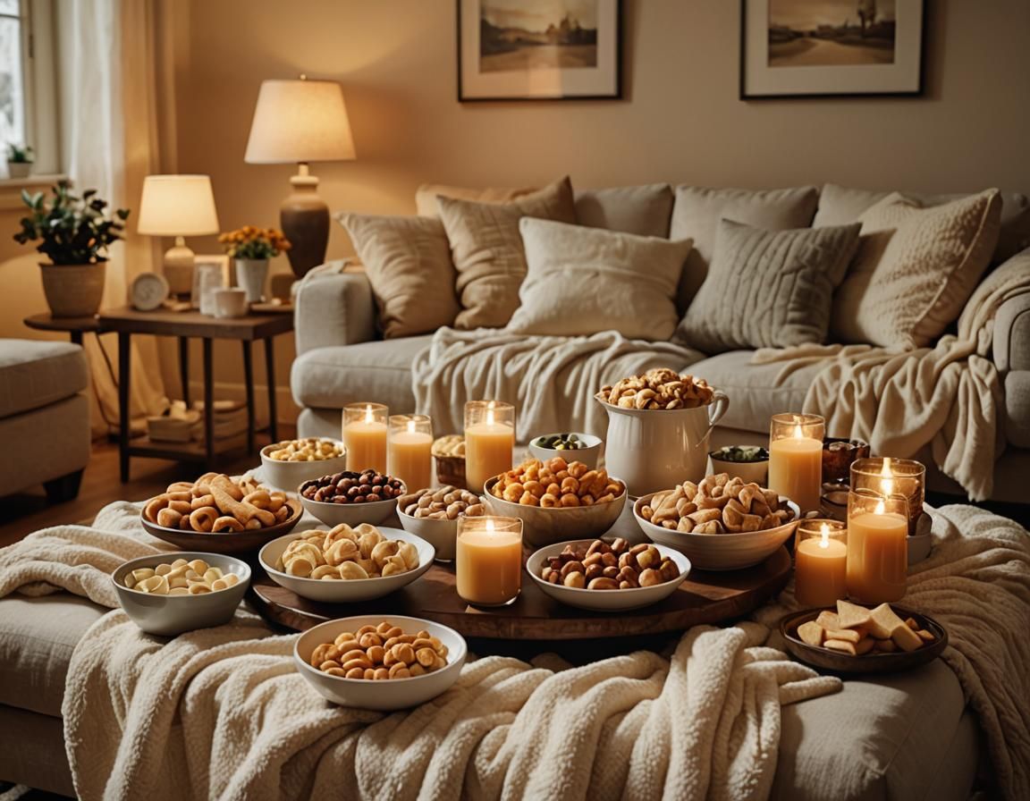 Cozy Living Room Scene with Warm Lighting