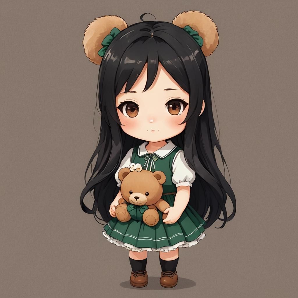 Chibi Girl with Teddy Bear in Green Dress