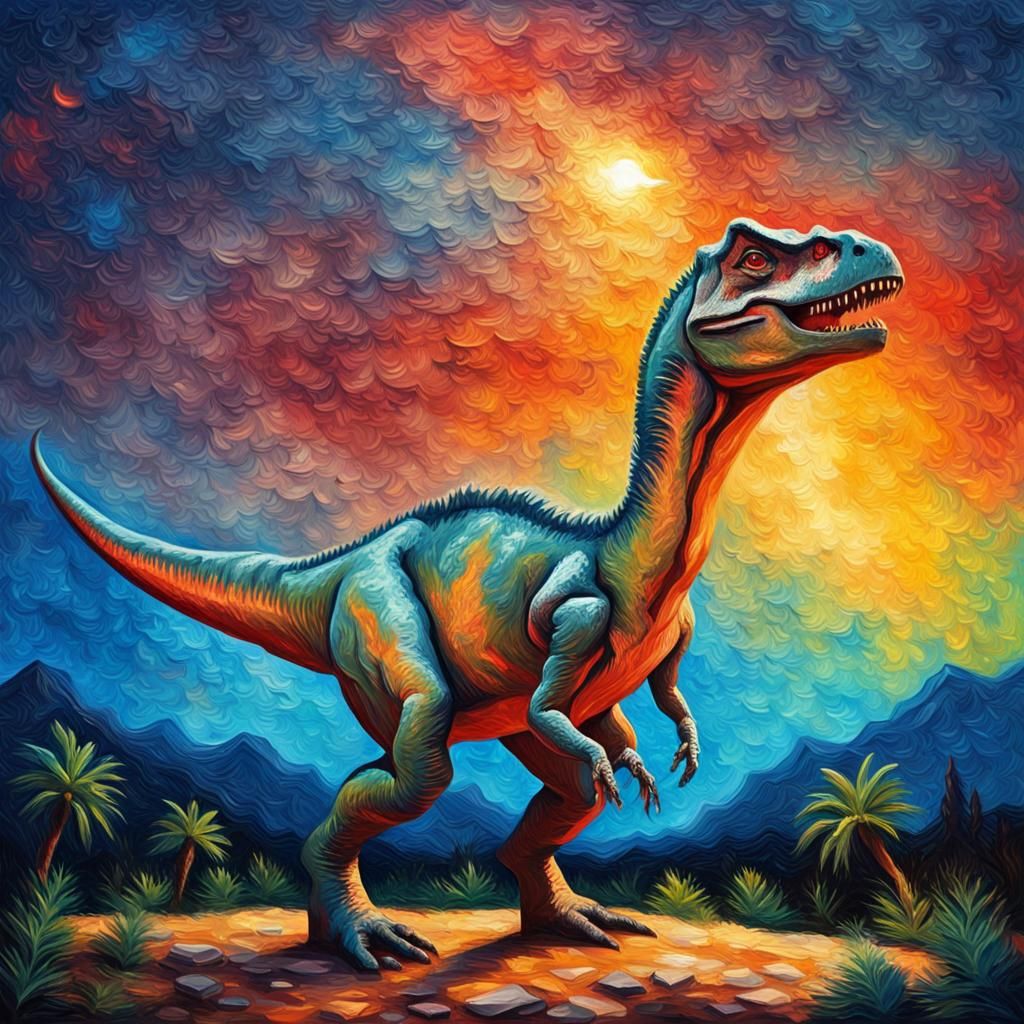 Theropod Dinosaur in Vivid Impasto Oil Painting