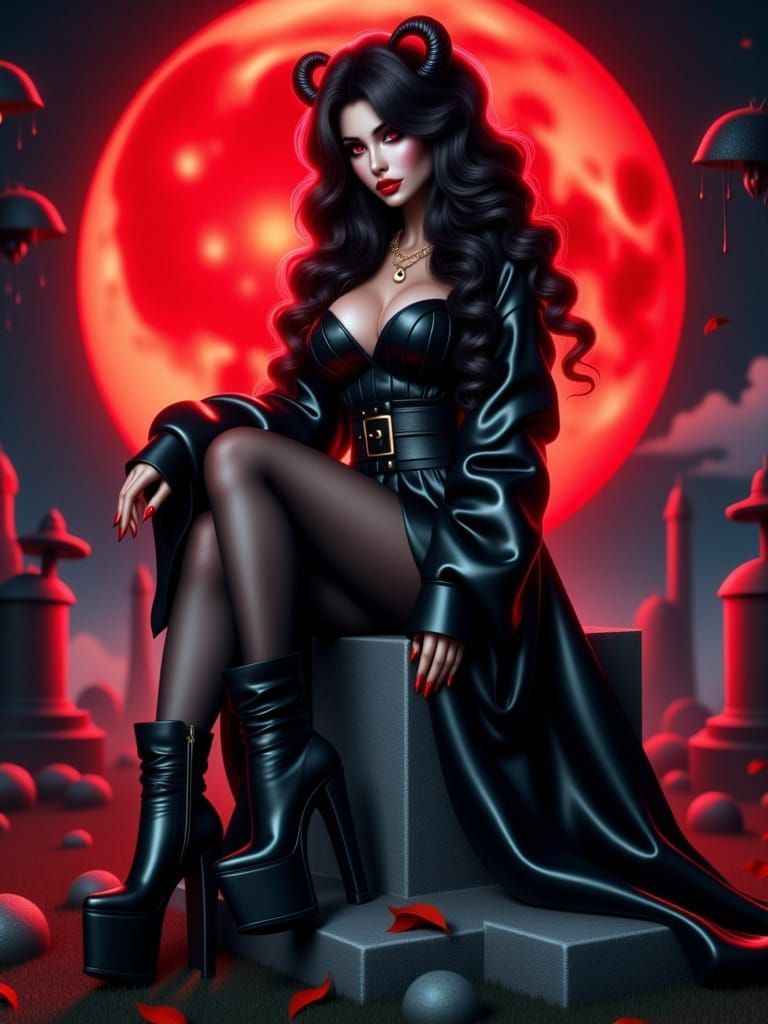 Ethereal Japanese Vampire Goddess in Black Kimono