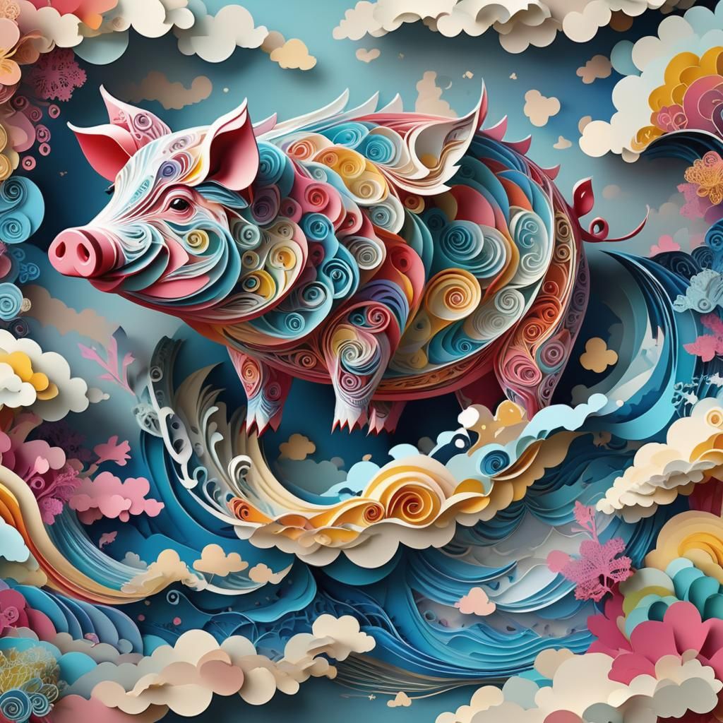 Colorful Kirigami Pig Soaring in the Sky