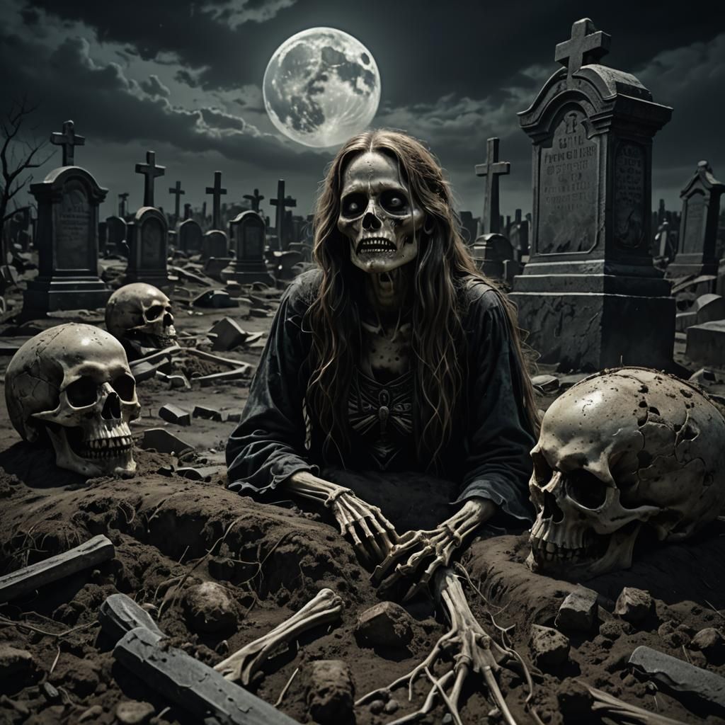 Eerie Tomb Scene of Skeletal Woman Emerging