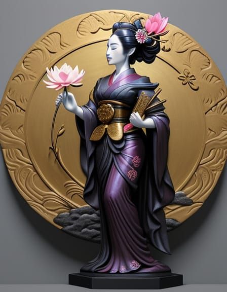 Geisha Bas-Relief Sculpture Holding Lotus Blossom