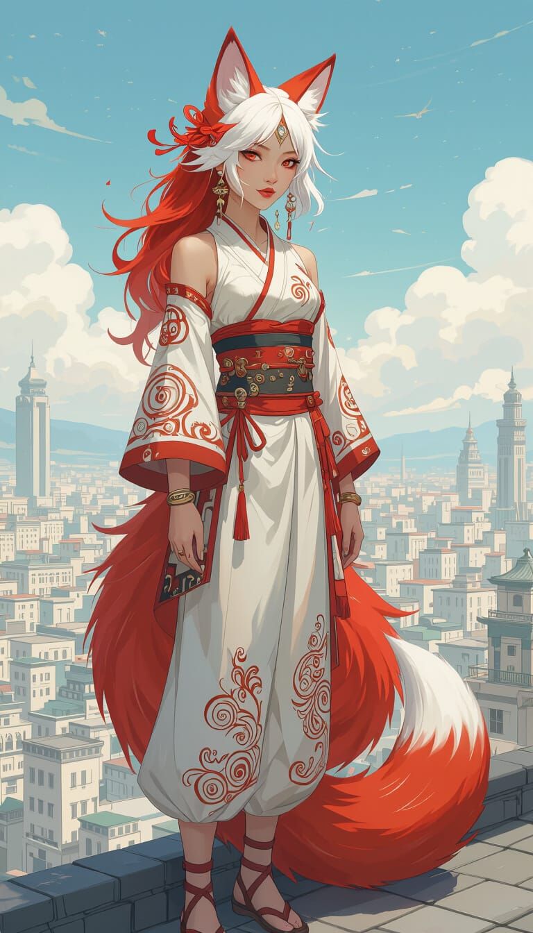 Kitsune Woman Overlooking City in Vibrant Style