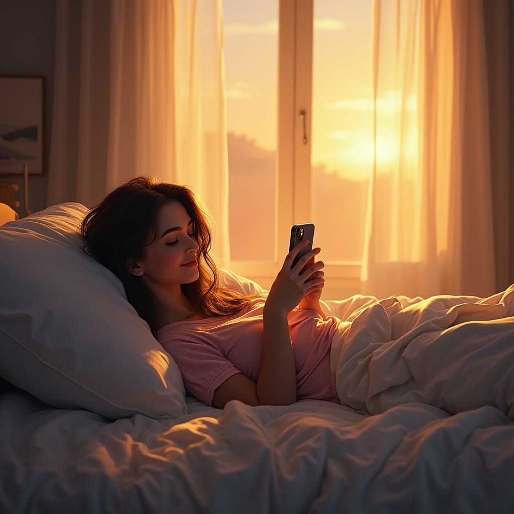 Woman Relaxing on Bed With Phone at Sunrise
