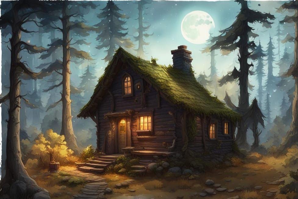 Moonlit Cabin Sanctuary in Whimsical Watercolor