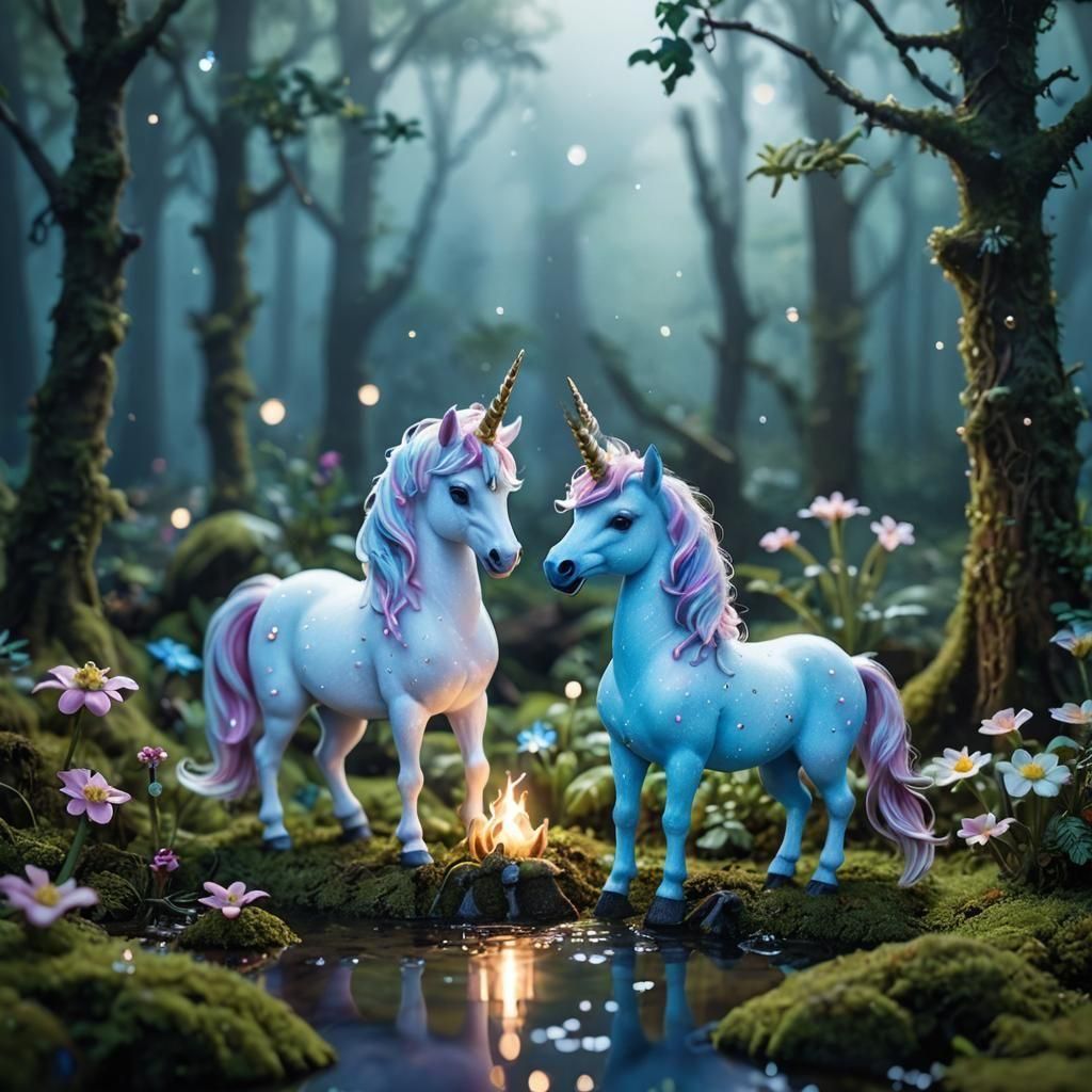Miniature Unicorns at Tiny Campsite in Ethereal Glow
