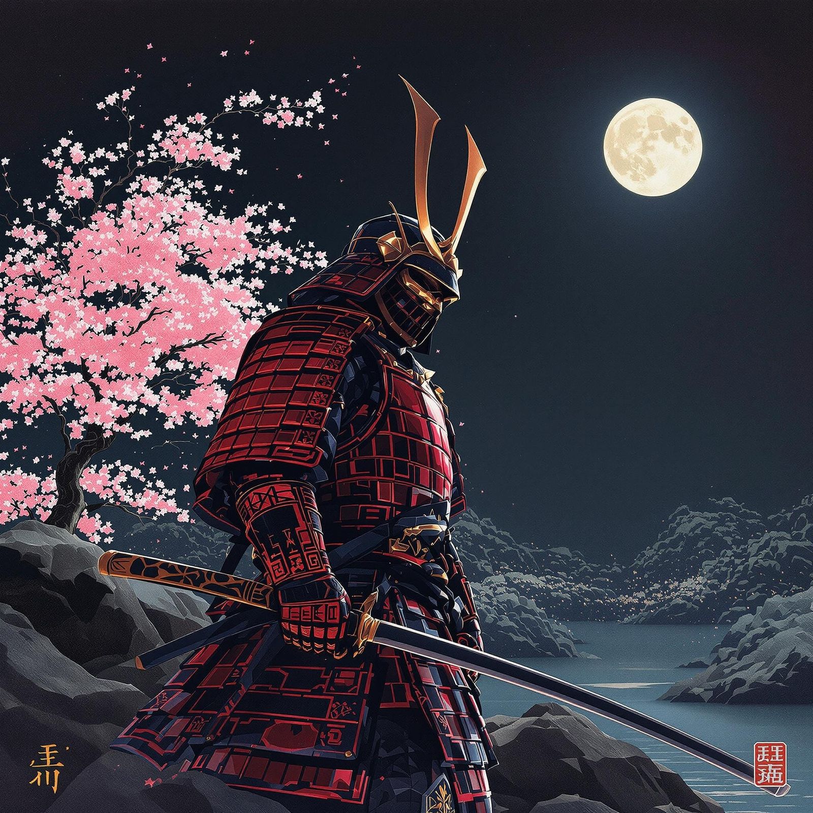 Red Samurai Under Sakura Tree in Ukiyo-e Style