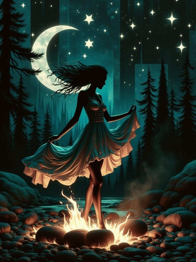 Girl Dancing by Campfire in Dreamlike Style