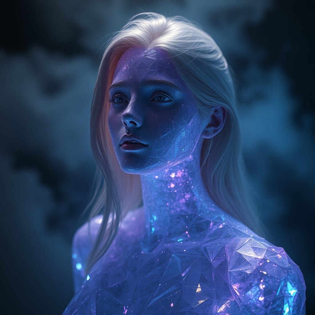 Crystalline Woman in Mist: Hyper-Realistic Digital Art