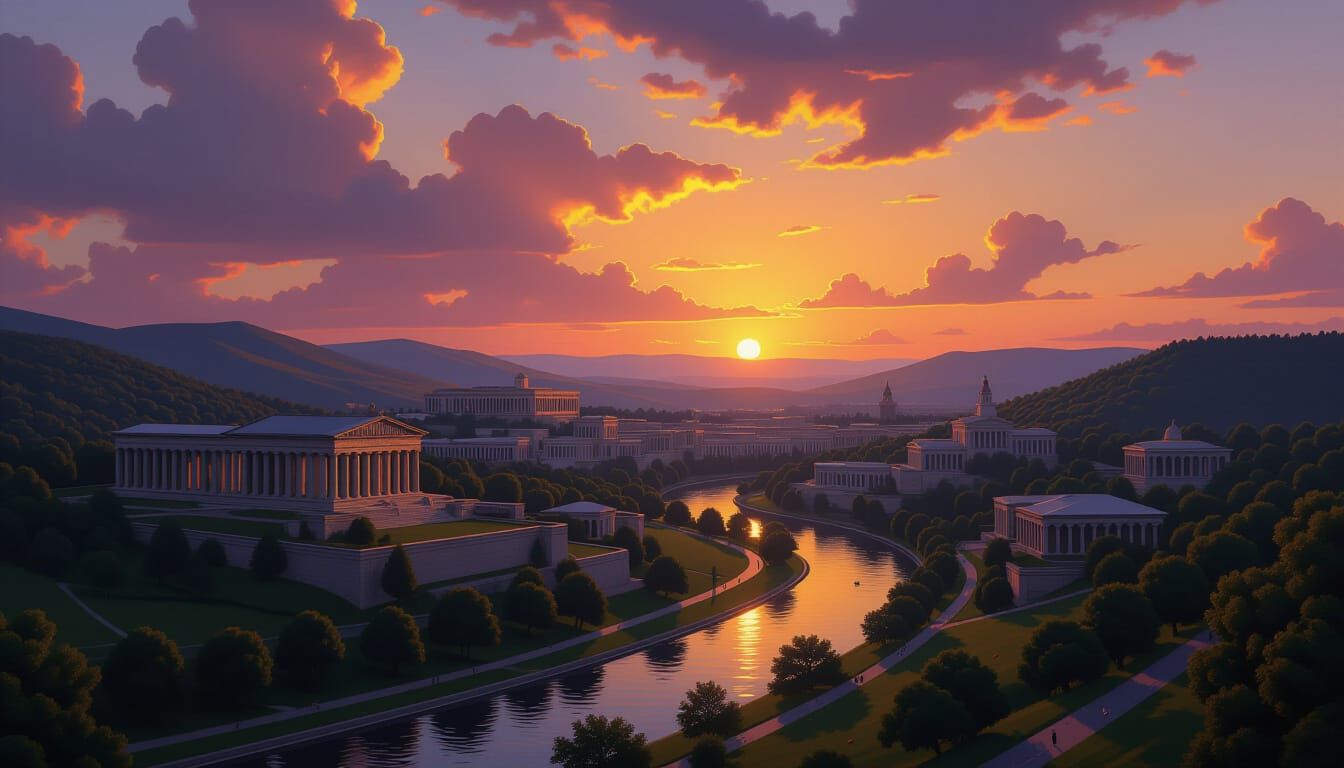 Picturesque Ancient City at Twilight: Romantic Landscape