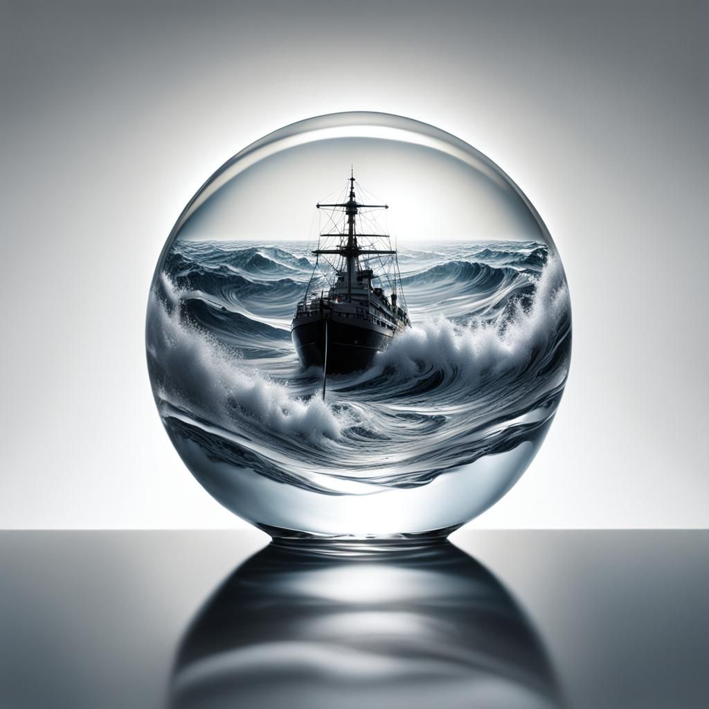 Ship in Glass Ball Still Life, Hyperrealistic