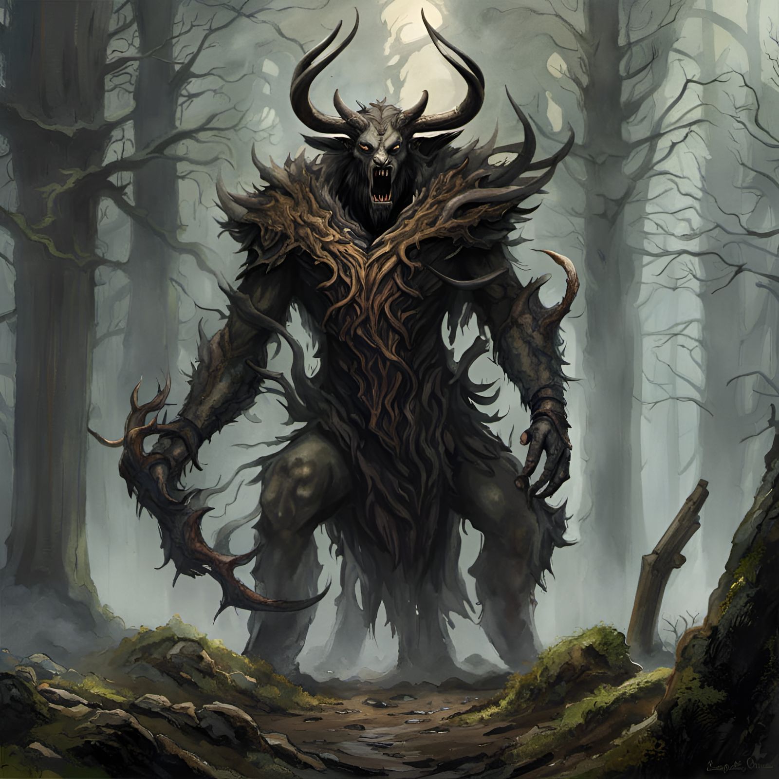 Wendigo Lurking in Dead Forest: Digital Watercolor