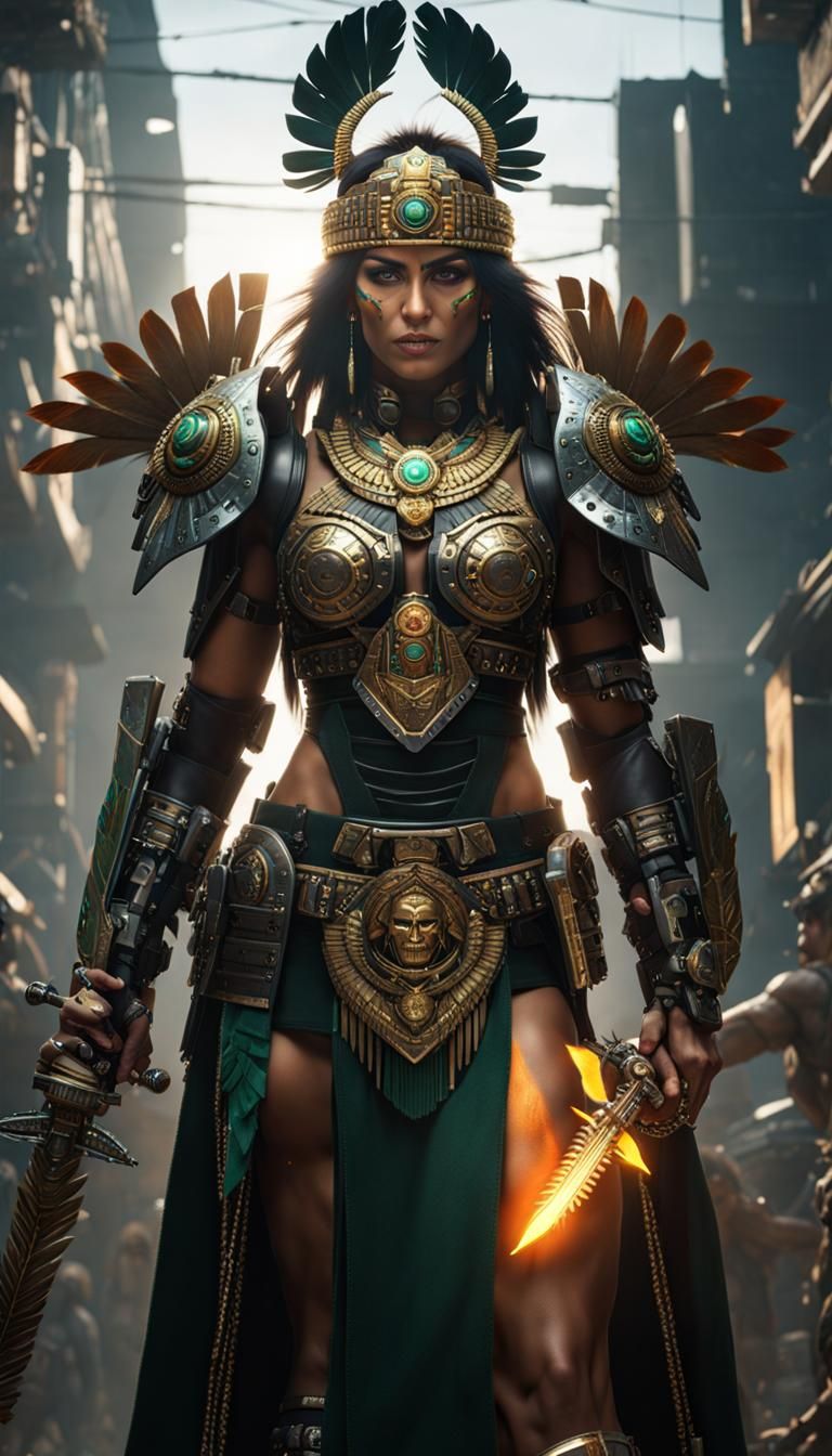Aztec Warrior Woman in Cyberpunk Servo-Armor