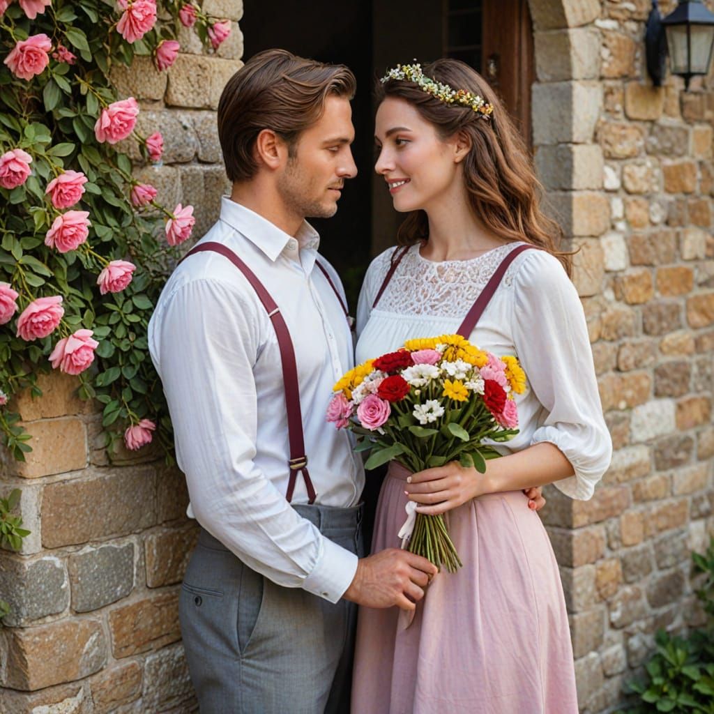 Couple in Romantic Rustic Scene with Flowers