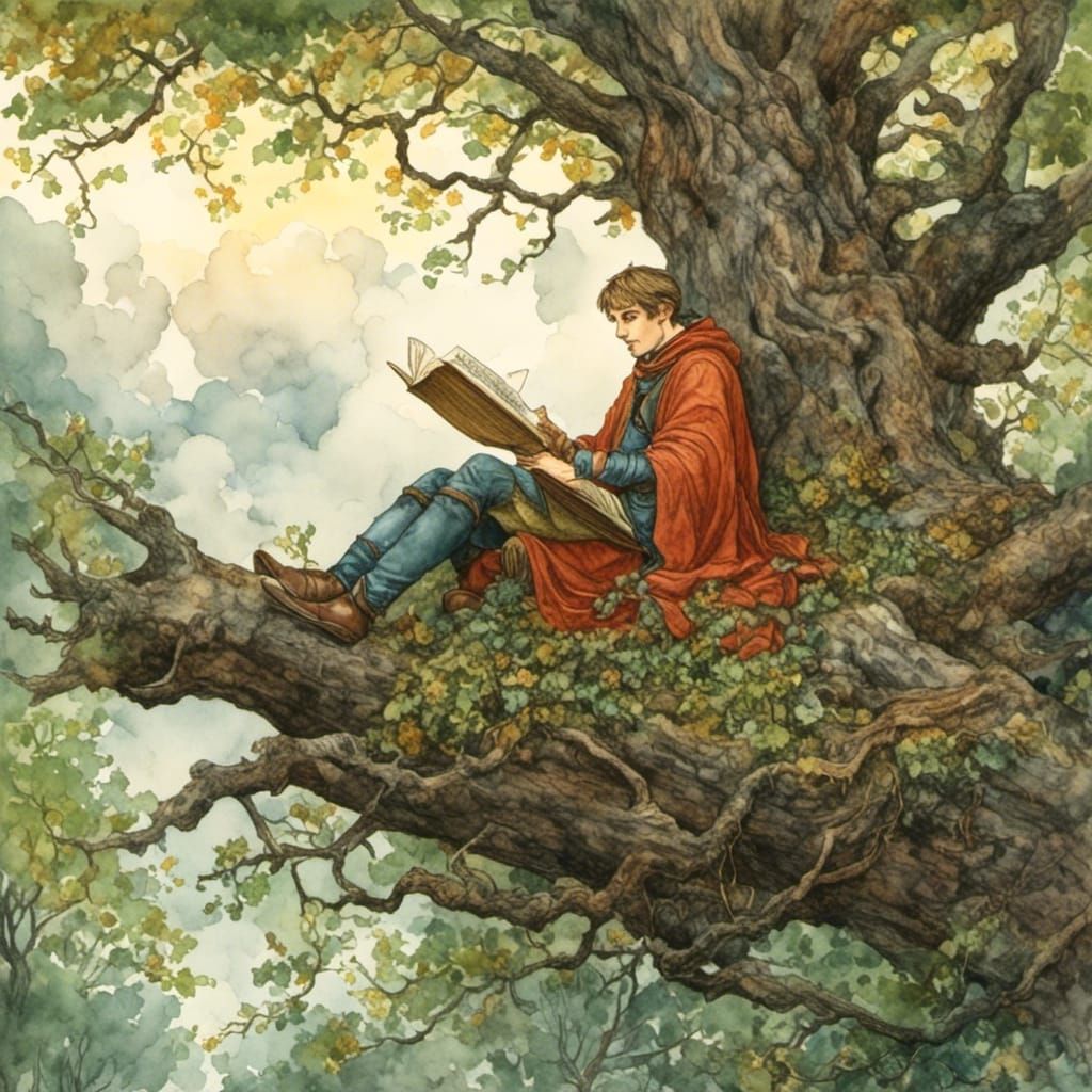 Medieval Elf Reading During Thunderstorm: Gouache Watercolor...