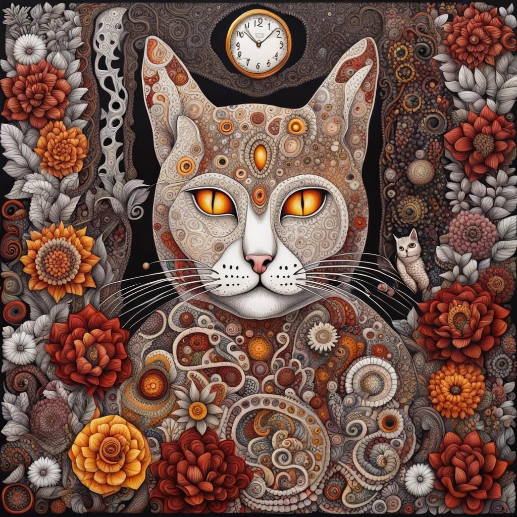 mixed media painting of bone, cat, mouse, clock ,candle , zentangle, beautiful crazy flowers, trees, fantasy, abstracta?...