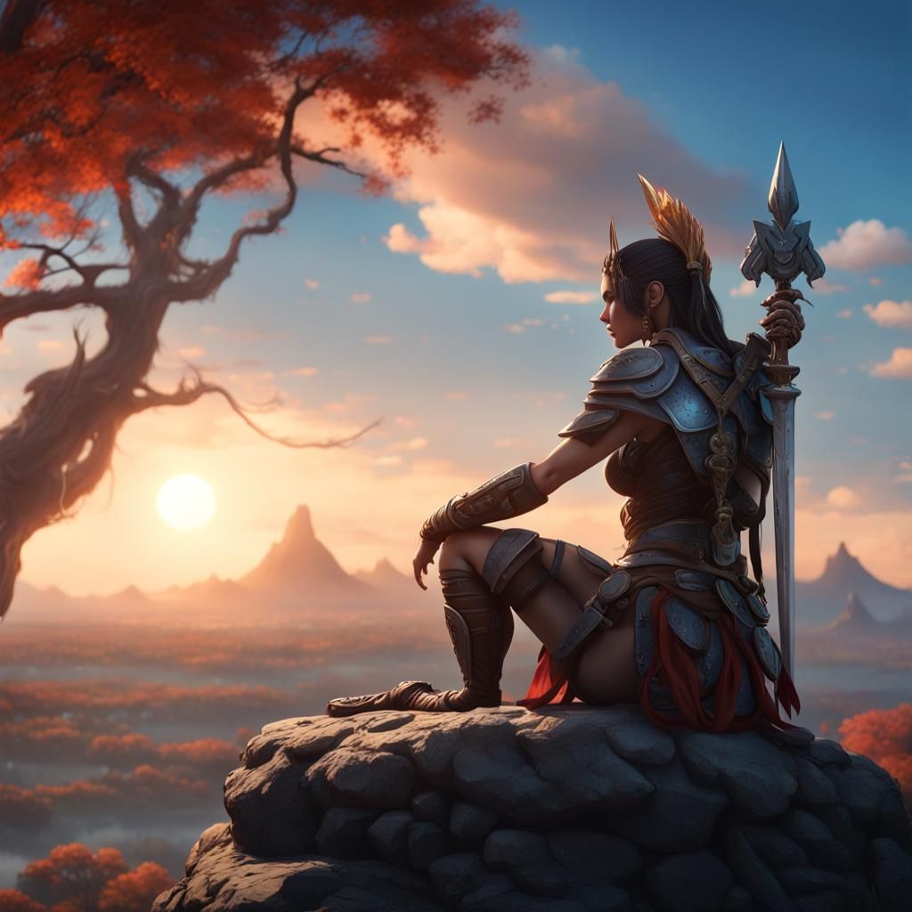 Female Warrior Watching Sunrise in Anime Style