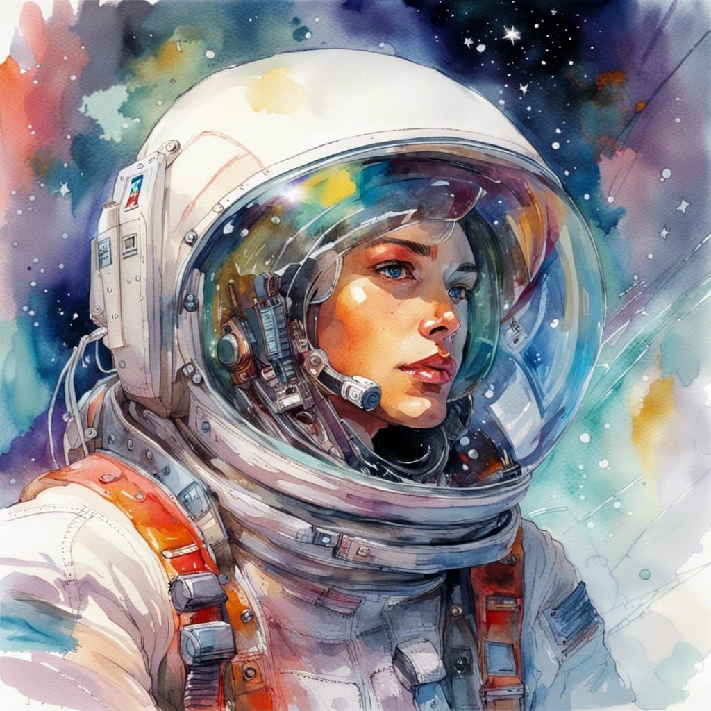 Astronaut in Space Elevator, Watercolor Art