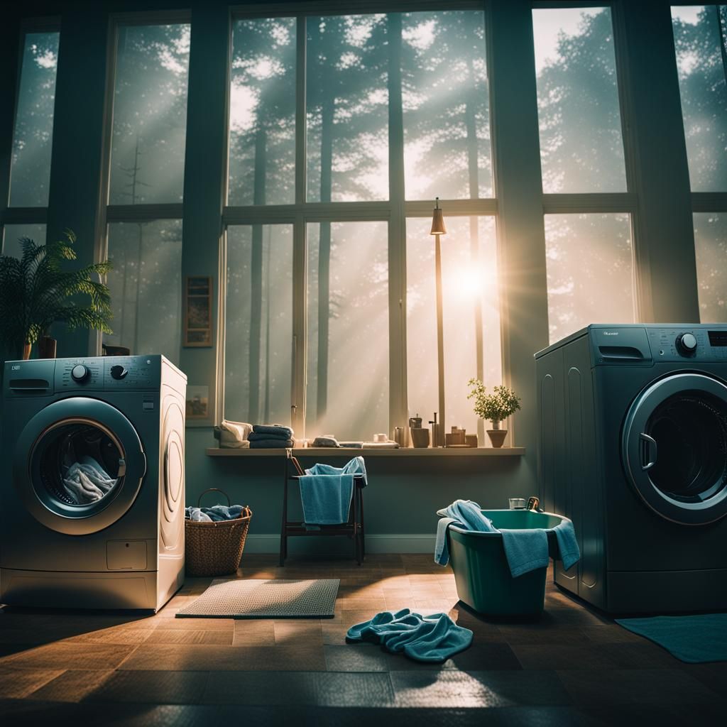 Cinematic Laundry Scene with Washer and Dryer