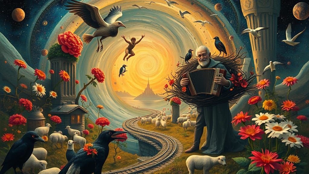 Surreal Earth Whirlpool with Dreamlike Figures, in Collage S...