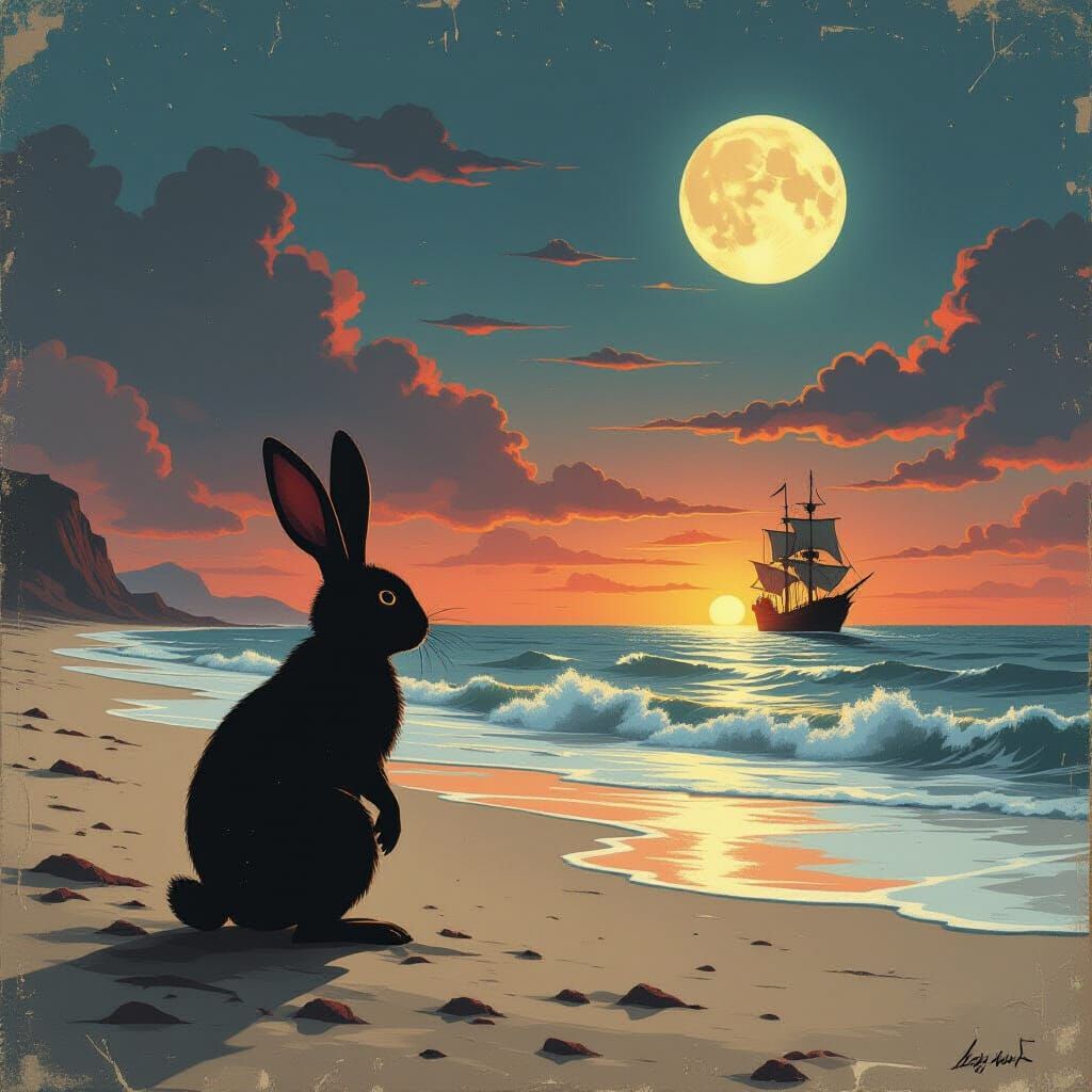 Zombie Rabbit on Beach Under Twilight Sky