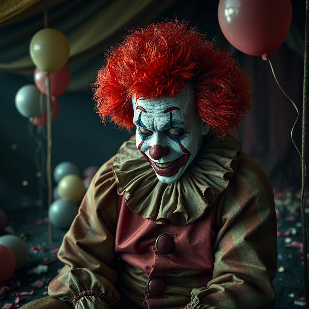 Exhausted Clown in Dim Carnival Tent