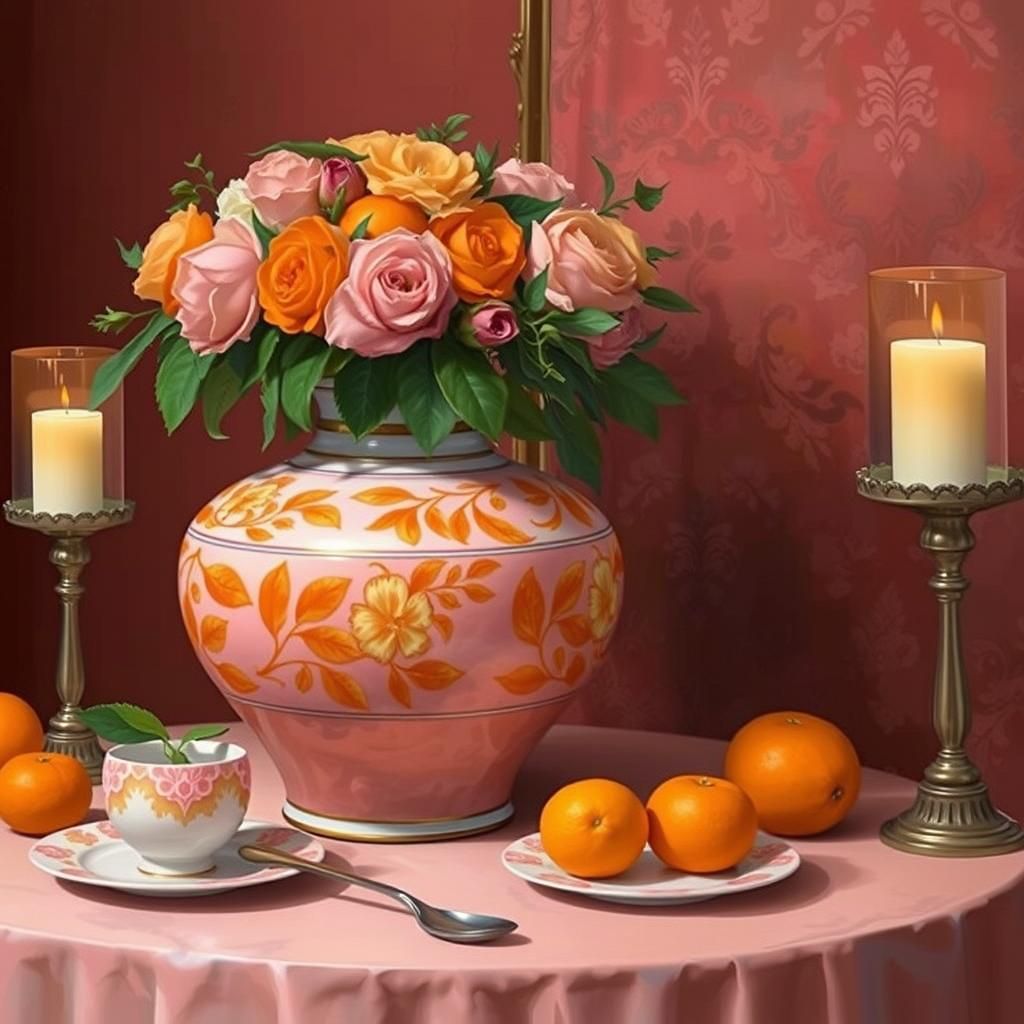 Oranges in Pink Bowl: Baroque Still Life