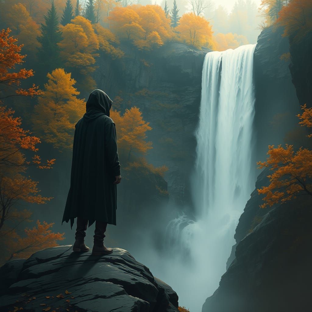 Figure Gazes at Autumn Waterfall in Dark Fantasy Style