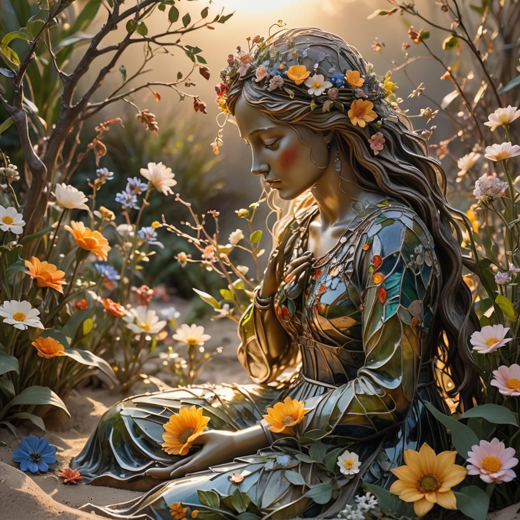 Glass Woman Filled with Flowers at Sunset